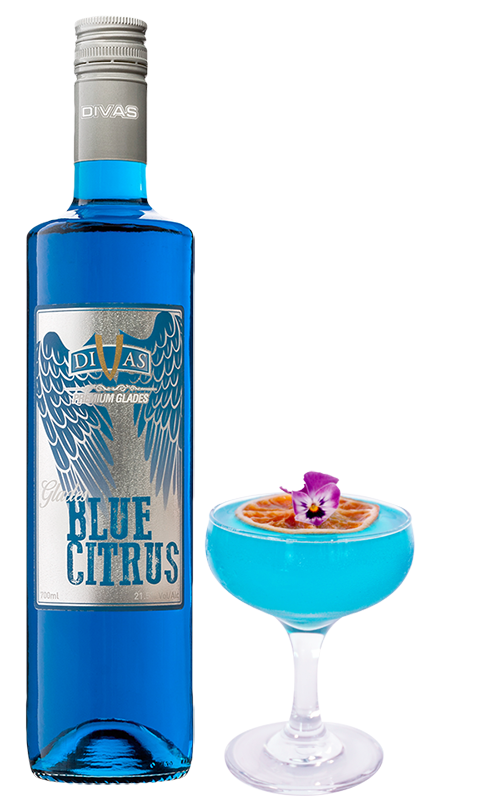 Blue Citrus Glades bottle next to Blue Lagoon cocktail