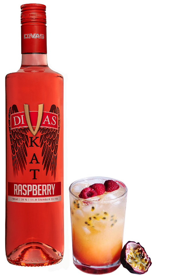 VKAT Raspberry bottle with raspberry and passionfruit cocktail