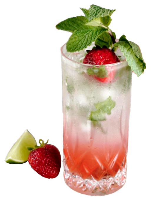 Cocktail in highball glass with strawberry and mint