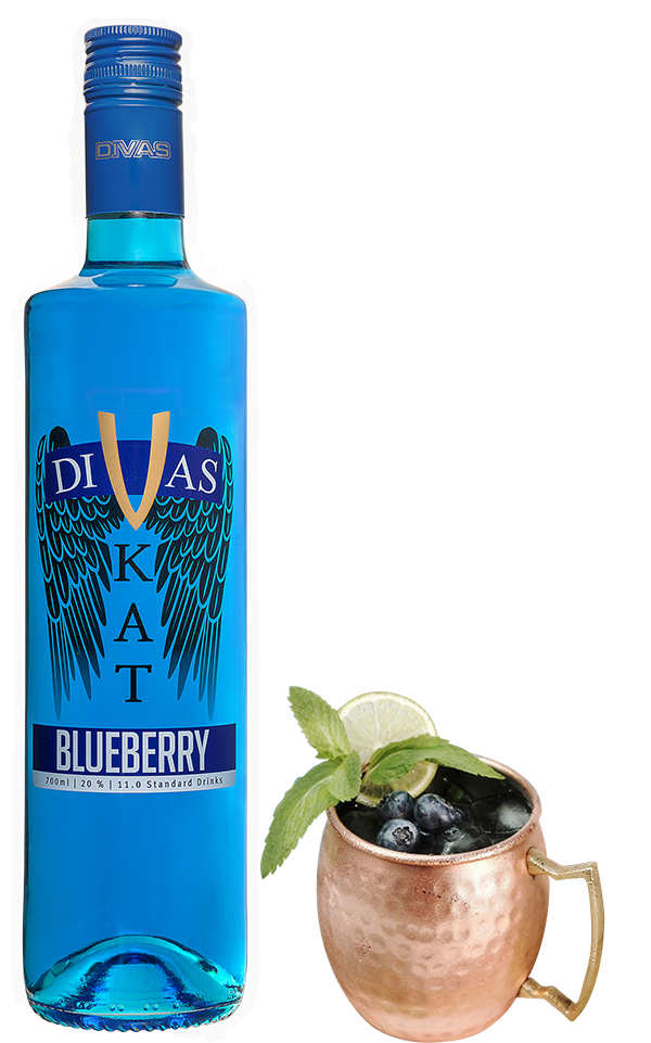 VKAT Blueberry bottle next to Blueberry Moscow Mule cocktail