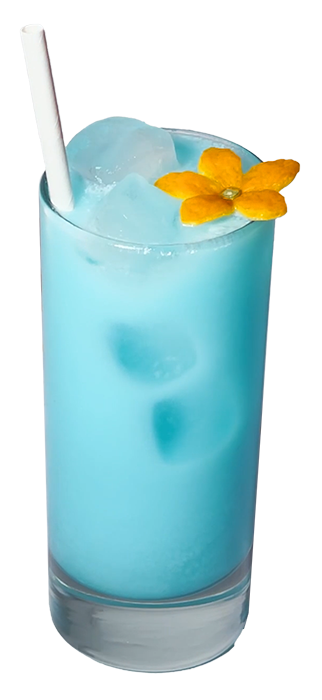 Cocktail in highball glass with delicate light blue hue from the Blue Citrus Glades