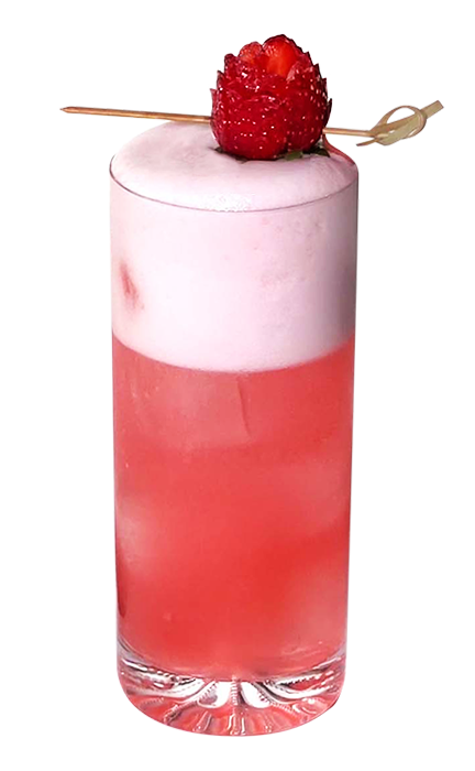 Cocktail in tall glass with egg white foam and made with Strawberry Glades