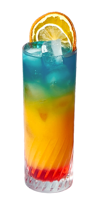 Cocktail in tall glass with 3 coloured layers