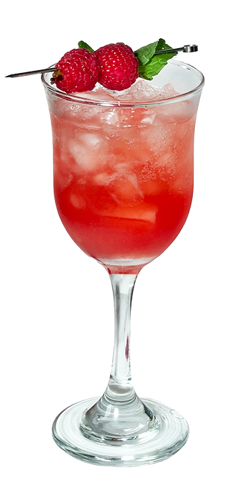 Bright red cocktail garnished with raspberries
