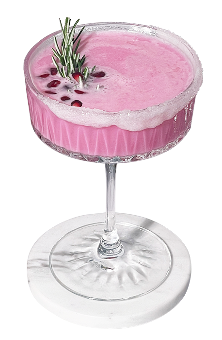 Pink Pom Pom cocktail with rosemary, pomegranate and sugar rim garnish